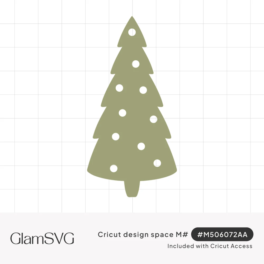 Sage green Christmas tree silhouette with scalloped tiers and white circle cutouts like ornaments on a short trunk