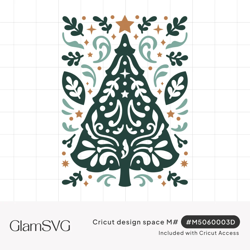 Dark green folk-art Christmas tree with cut-out leaf and swirl details, copper star, and sage leafy sprigs around it