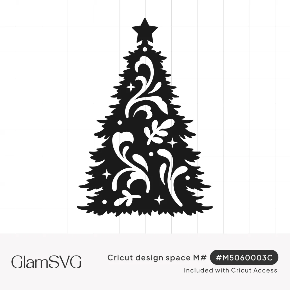 Black Christmas tree silhouette with a star on top and white swirling flourish, leaf and sparkle cutouts