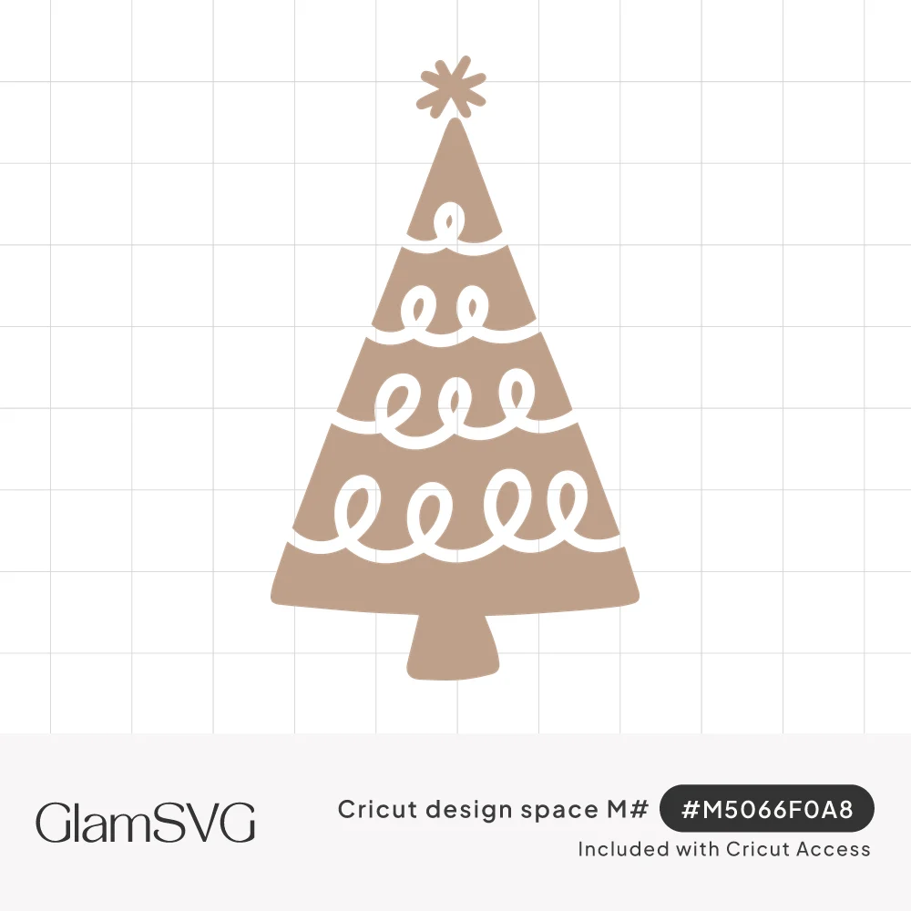 Solid tan triangular Christmas tree with four rows of looping garland cutouts, a snowflake star on top and a short trunk