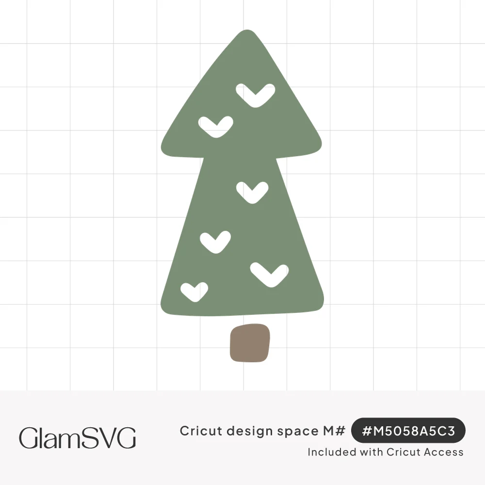 Simple sage green Christmas tree with white heart cutouts and a small brown trunk
