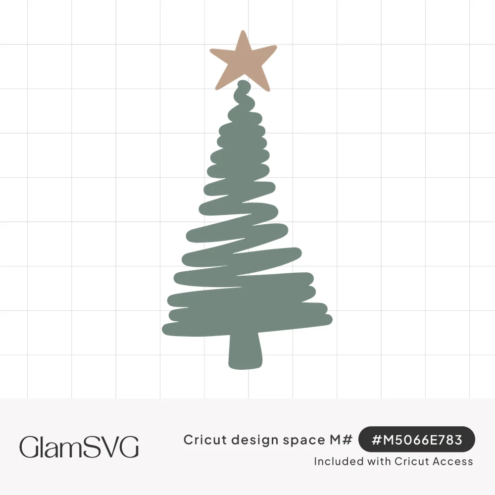 Sage green Christmas tree drawn in zigzag scribble strokes with a tan star on top and a short trunk