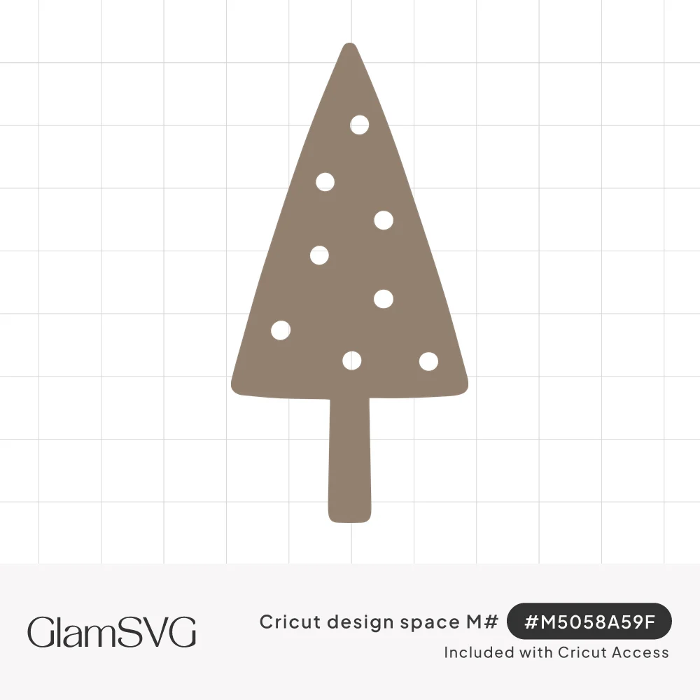 Solid taupe triangle Christmas tree silhouette with white polka dot cutouts and a long narrow trunk