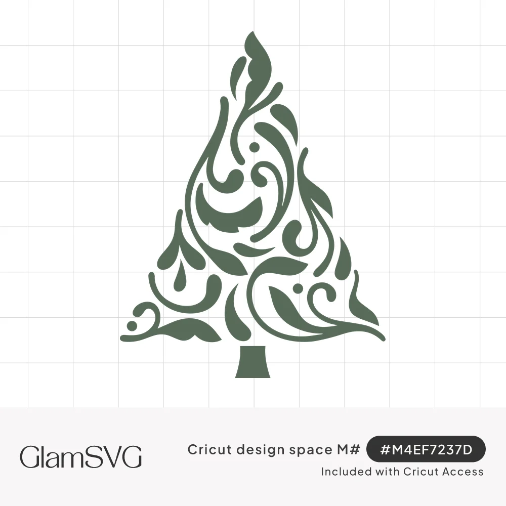 Green Christmas tree silhouette filled with ornate swirling flourishes and leaf shapes on a small trunk