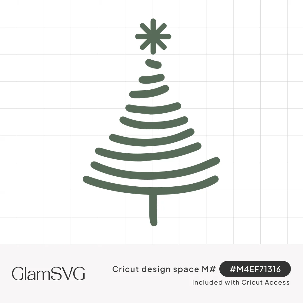Minimalist green Christmas tree made of stacked curved line strokes with a starburst star on top and a thin trunk