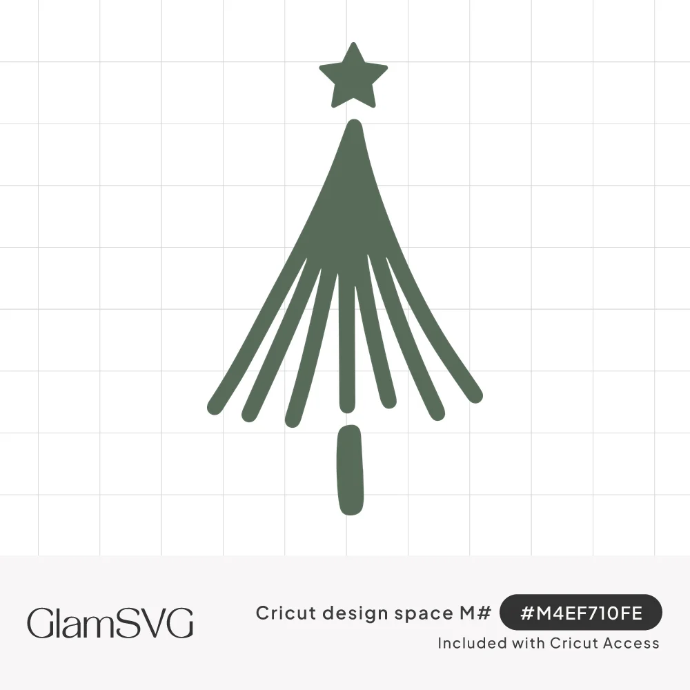 Minimalist green Christmas tree made of curved strokes fanning down from a point, with a star on top and a short trunk
