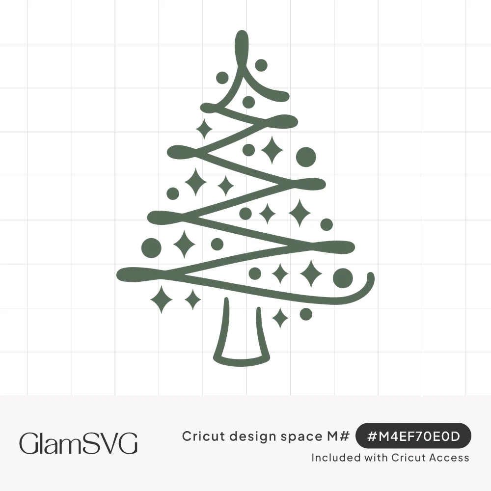 Green line-art Christmas tree made of a zigzag stroke with a curled top, trunk, sparkles and round ornament dots