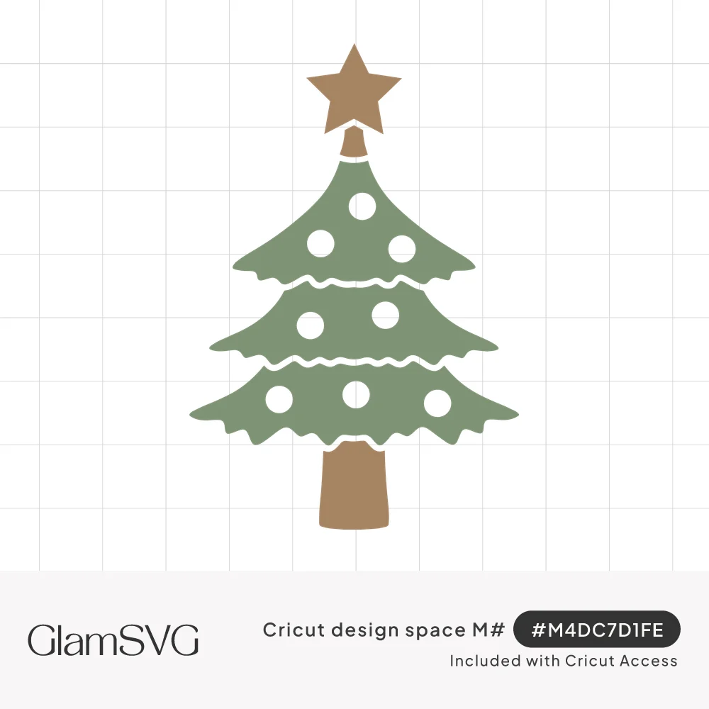 Sage green three-tier Christmas tree with white round ornaments, a tan star on top and a brown trunk