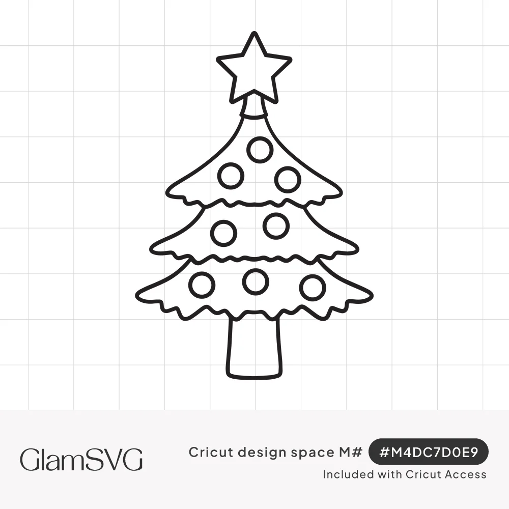 Black outline drawing of a three-tiered Christmas tree with a star on top, round ornaments and a short trunk