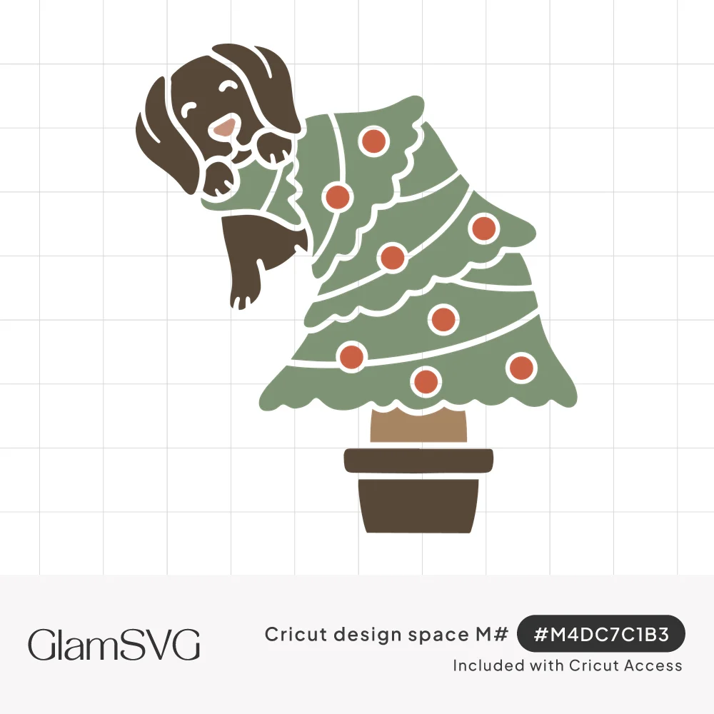 Brown puppy climbing a green potted Christmas tree decorated with red ornaments and white garland