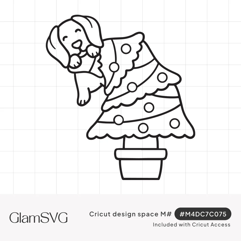 Black outline drawing of a smiling floppy-eared puppy climbing a potted Christmas tree decorated with ornaments and garland