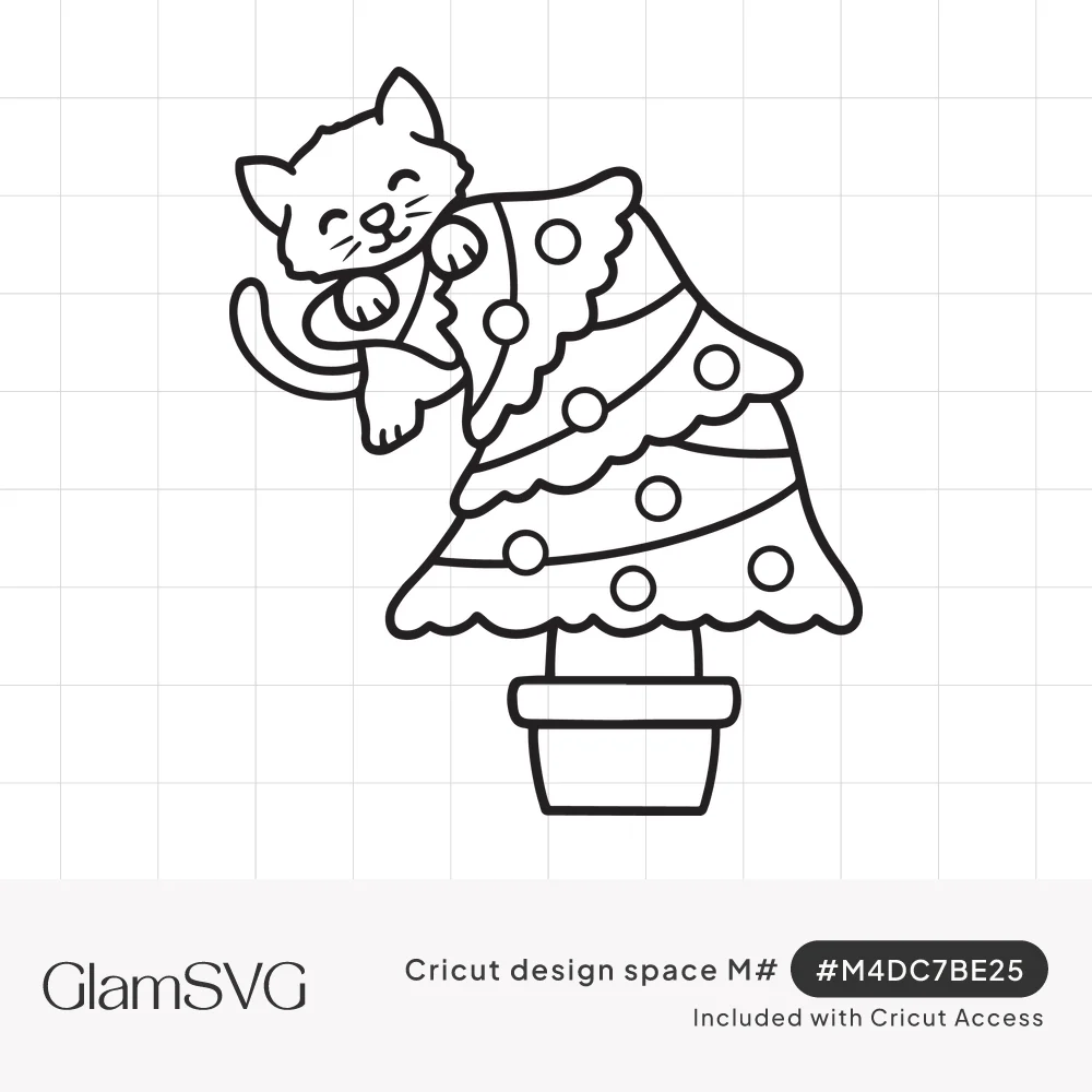 Line drawing of a smiling cat climbing the top of a potted Christmas tree decorated with round ornaments