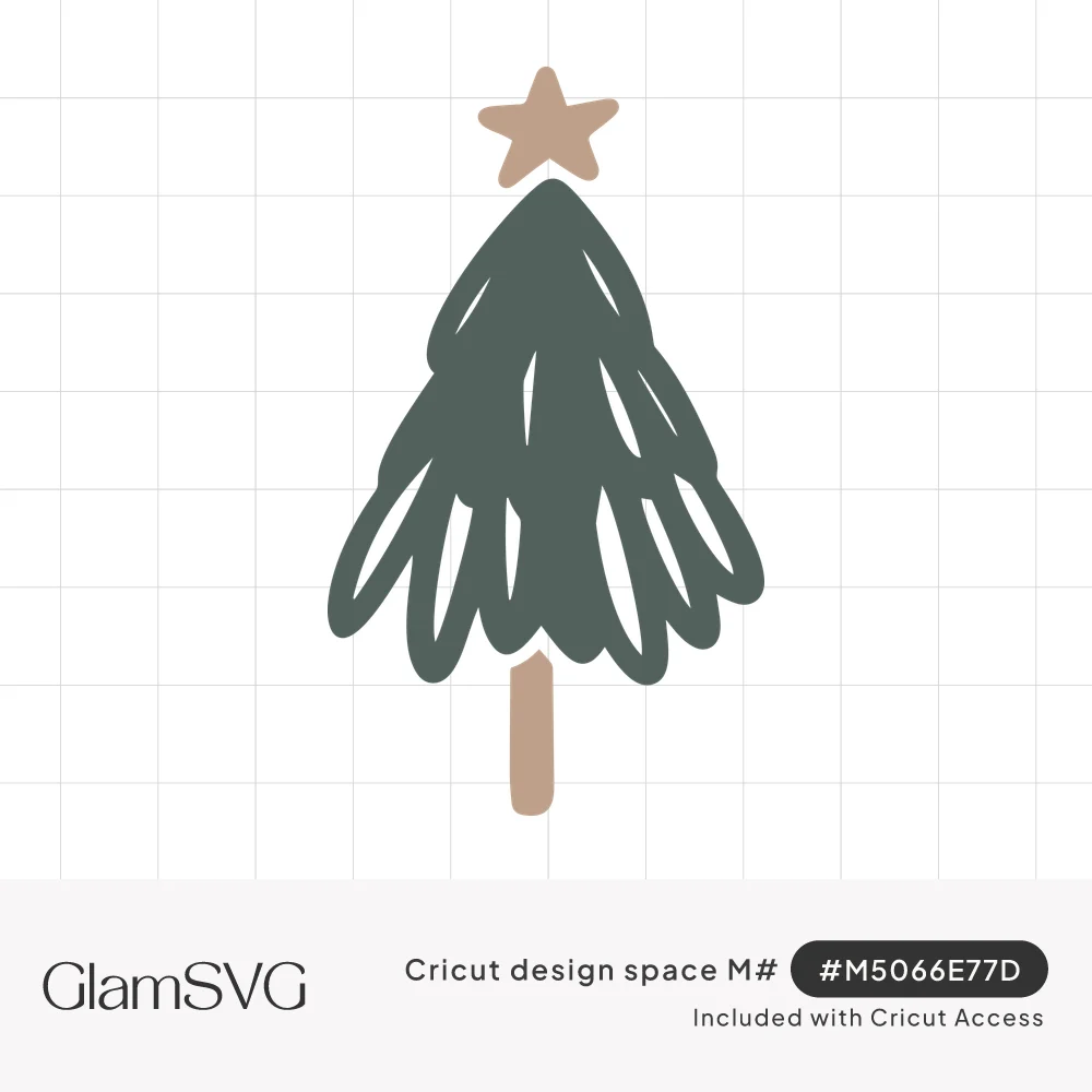Hand-drawn dark green Christmas tree with sketchy cut-out branches, a tan star on top and a tan trunk
