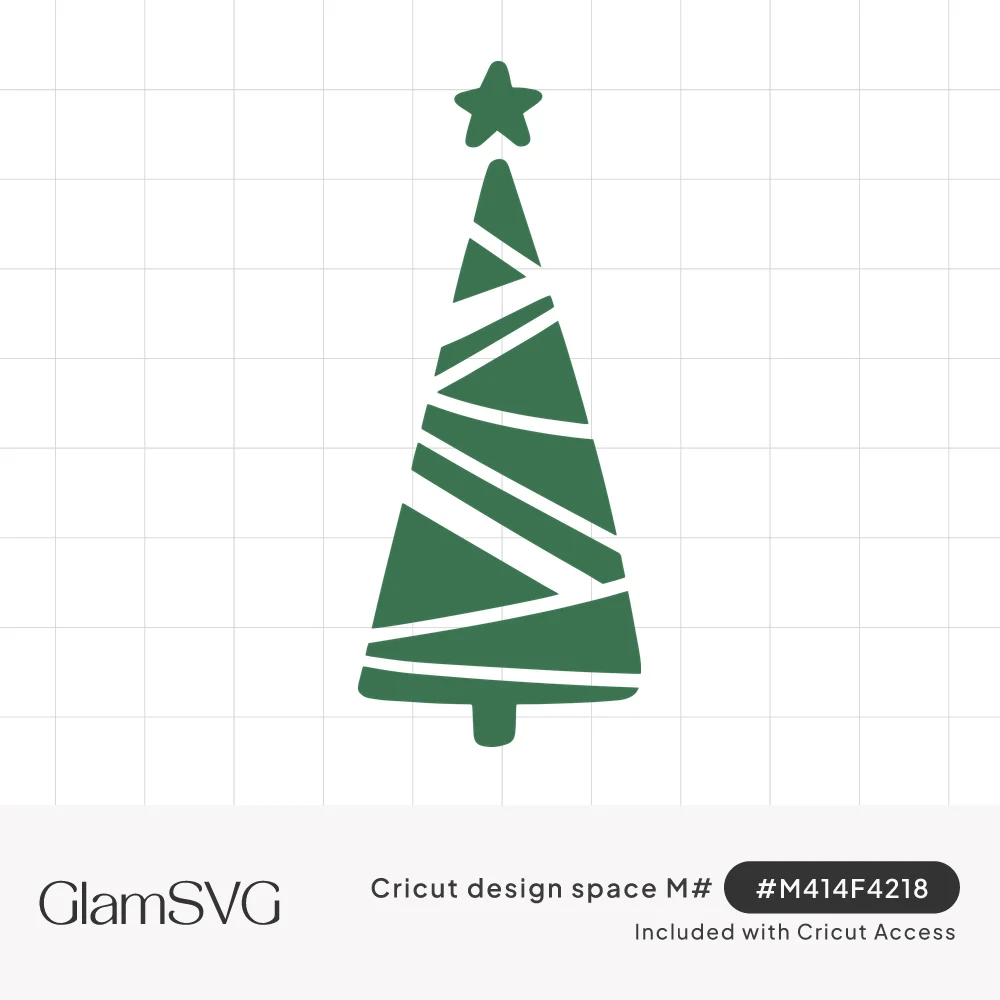 Green cone-shaped Christmas tree silhouette with a star on top and white diagonal stripes like wrapped garland