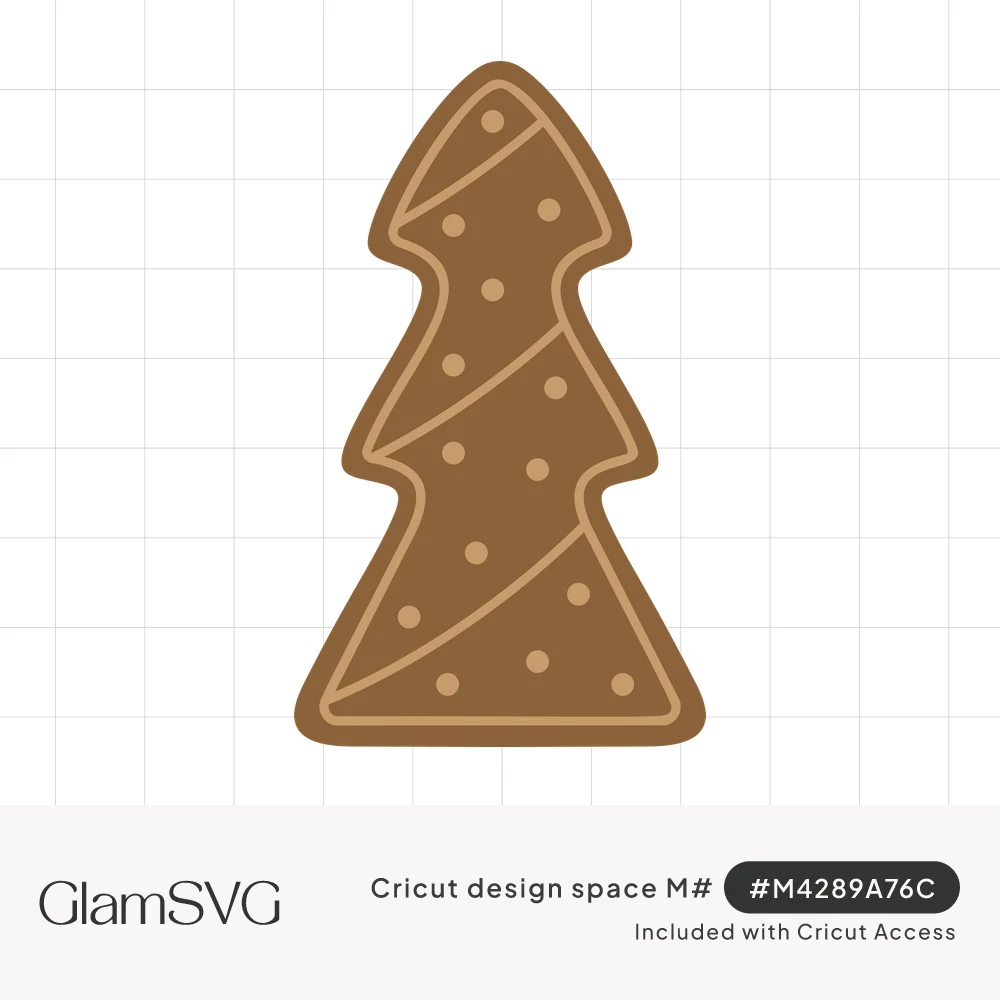 Brown gingerbread cookie shaped like a Christmas tree with tan icing outline, diagonal swags and round dots