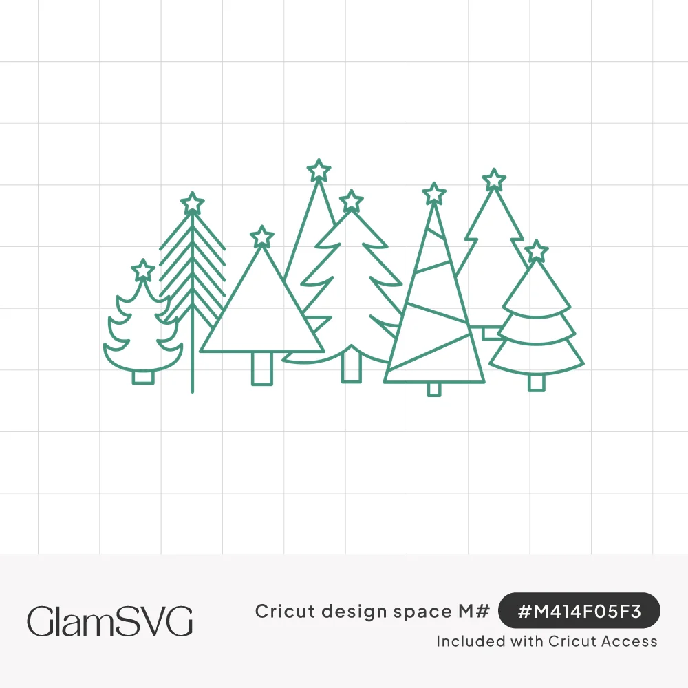 Green outline drawing of eight different Christmas trees standing in a row, each topped with a small star