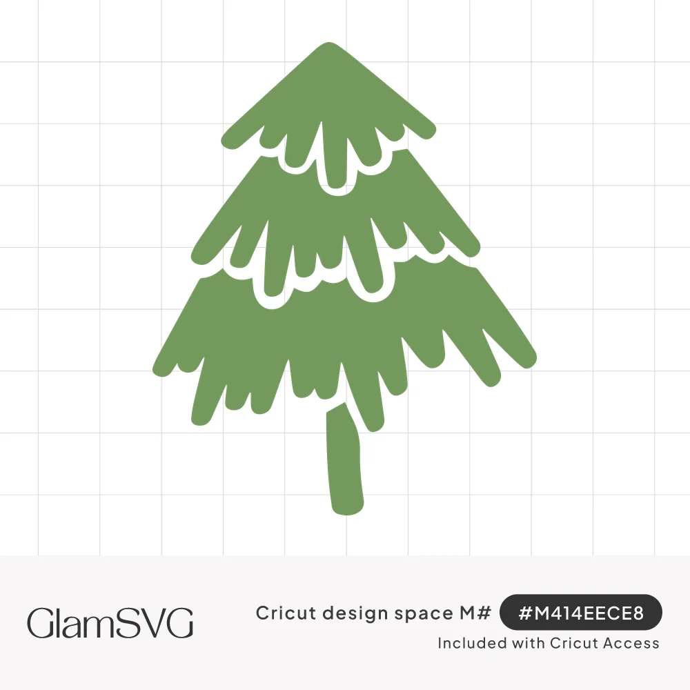Green hand-drawn evergreen tree with three drippy tiers, thin white snow lines between them and a slim slanted trunk