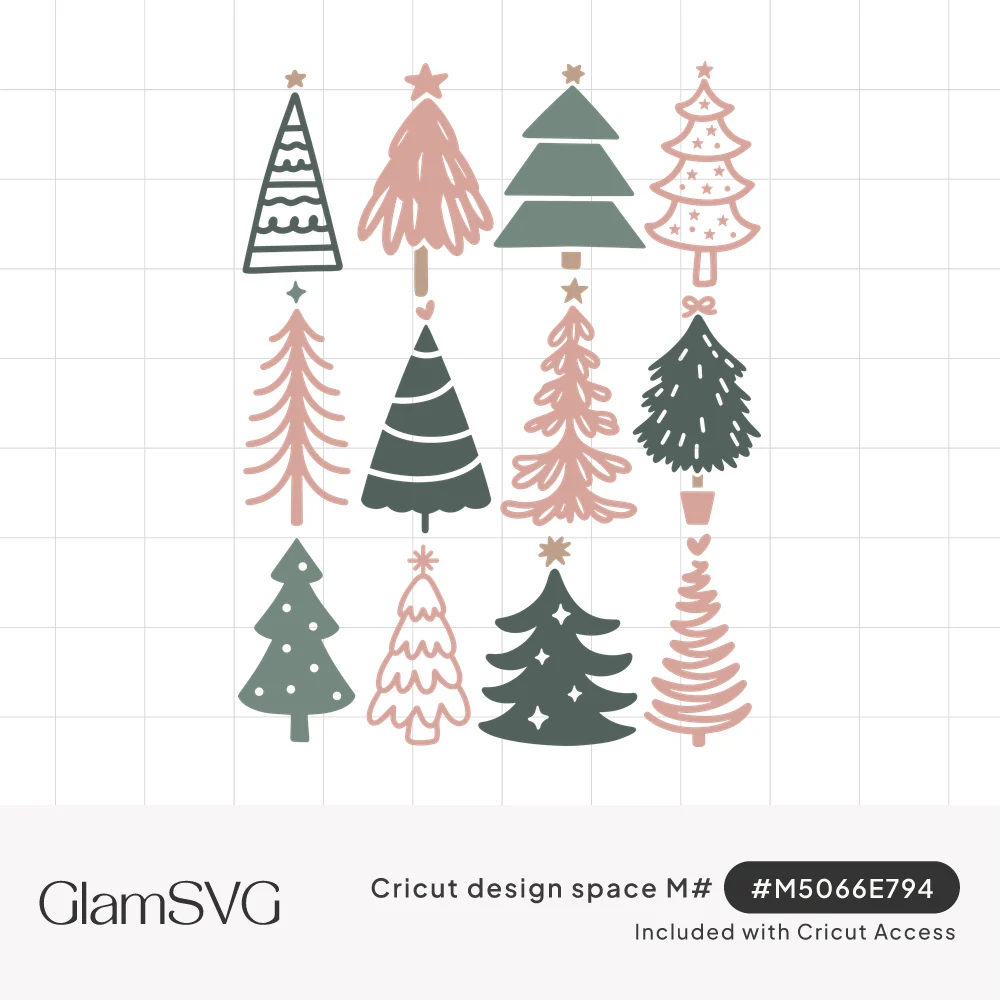 Twelve whimsical Christmas trees in pink and sage green with stars, hearts, dots and swirl decorations arranged in a grid