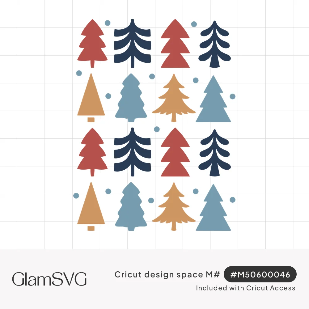 Repeating pattern of flat Christmas trees in red, navy, mustard and light blue with small blue snow dots
