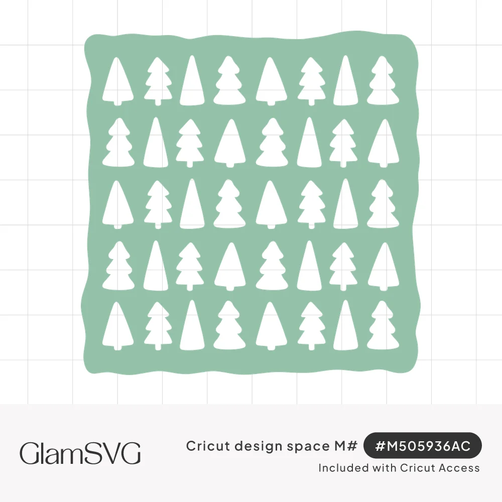 Sage green wavy-edged square filled with rows of small white Christmas tree silhouettes in a repeating pattern