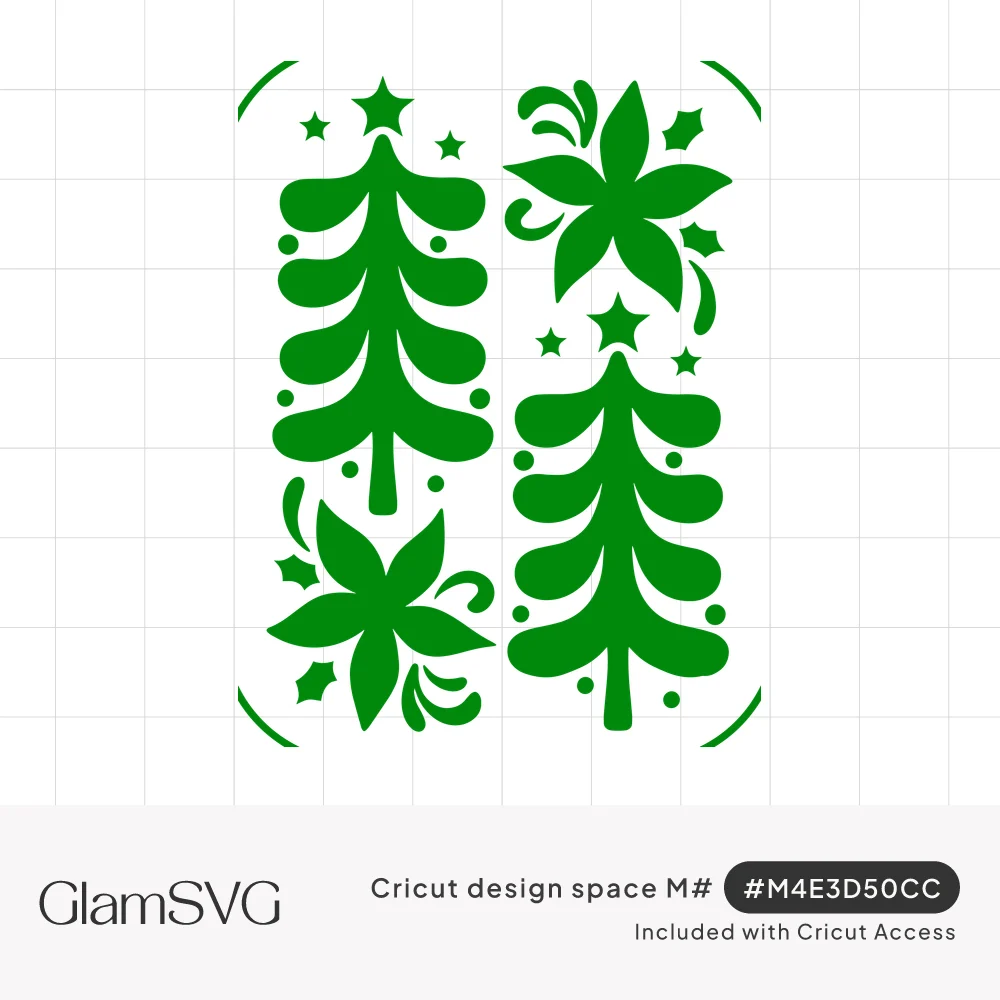 Green folk art design of two star-topped Christmas trees with poinsettias, holly leaves, swirls and small stars