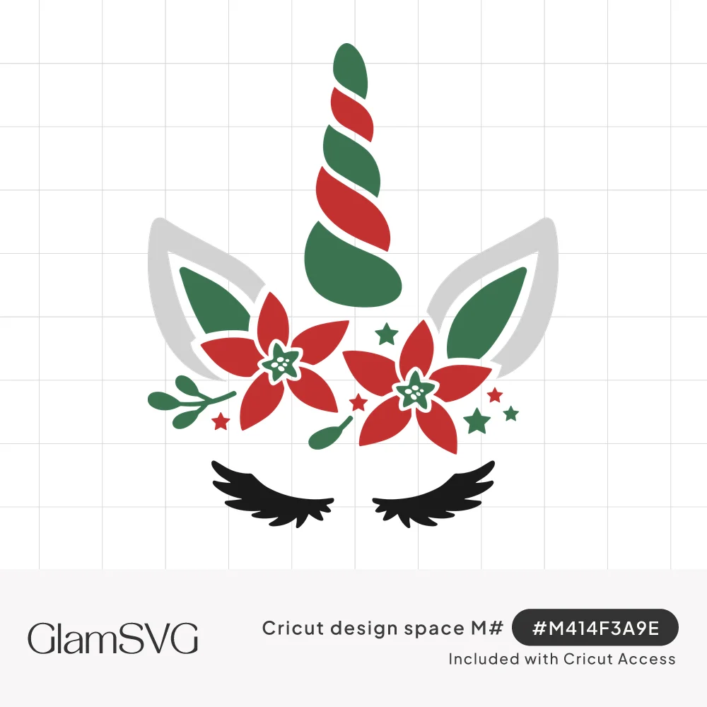 Unicorn face with closed black eyelashes, red and green striped horn, gray ears and red poinsettia flower crown with stars