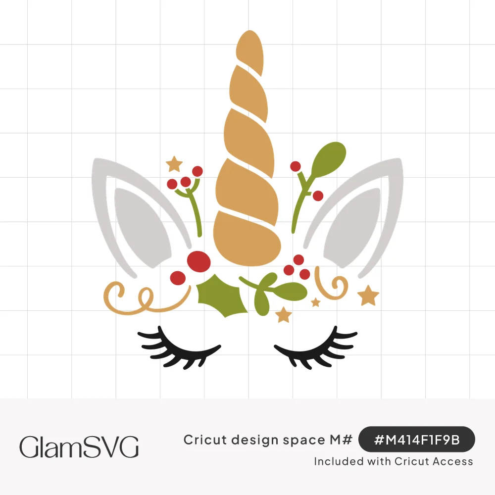 Unicorn face with closed lashed eyes, gold spiral horn, gray ears, holly leaves, red berries and small gold stars