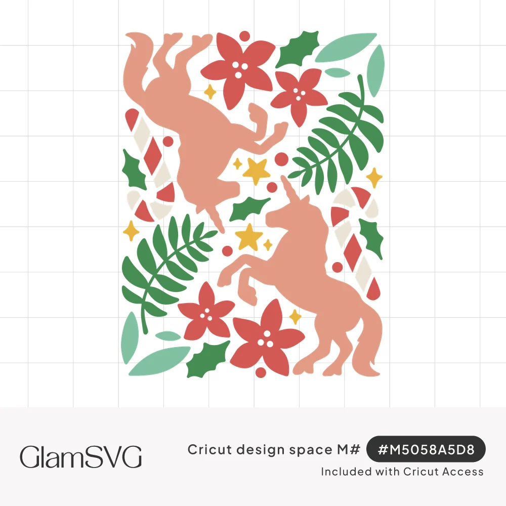 Two coral unicorn silhouettes surrounded by red poinsettias, holly, candy canes, palm leaves and gold stars