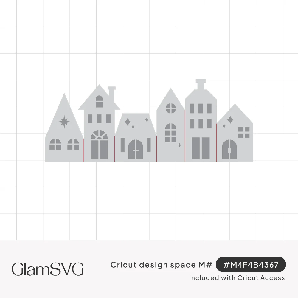 Gray silhouette of six connected townhouses with cutout windows, arched doors, chimneys and small star details