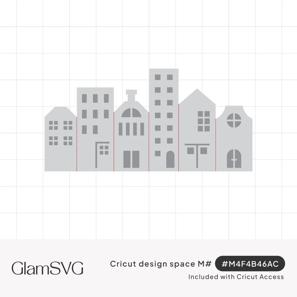 Gray row of six connected townhouse silhouettes with cutout windows and doors and dashed fold lines between them