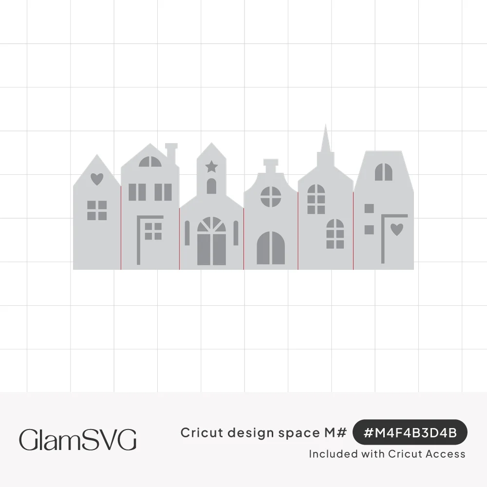 Gray silhouette row of gabled village houses and a church steeple with cut-out windows, doors, hearts and a star