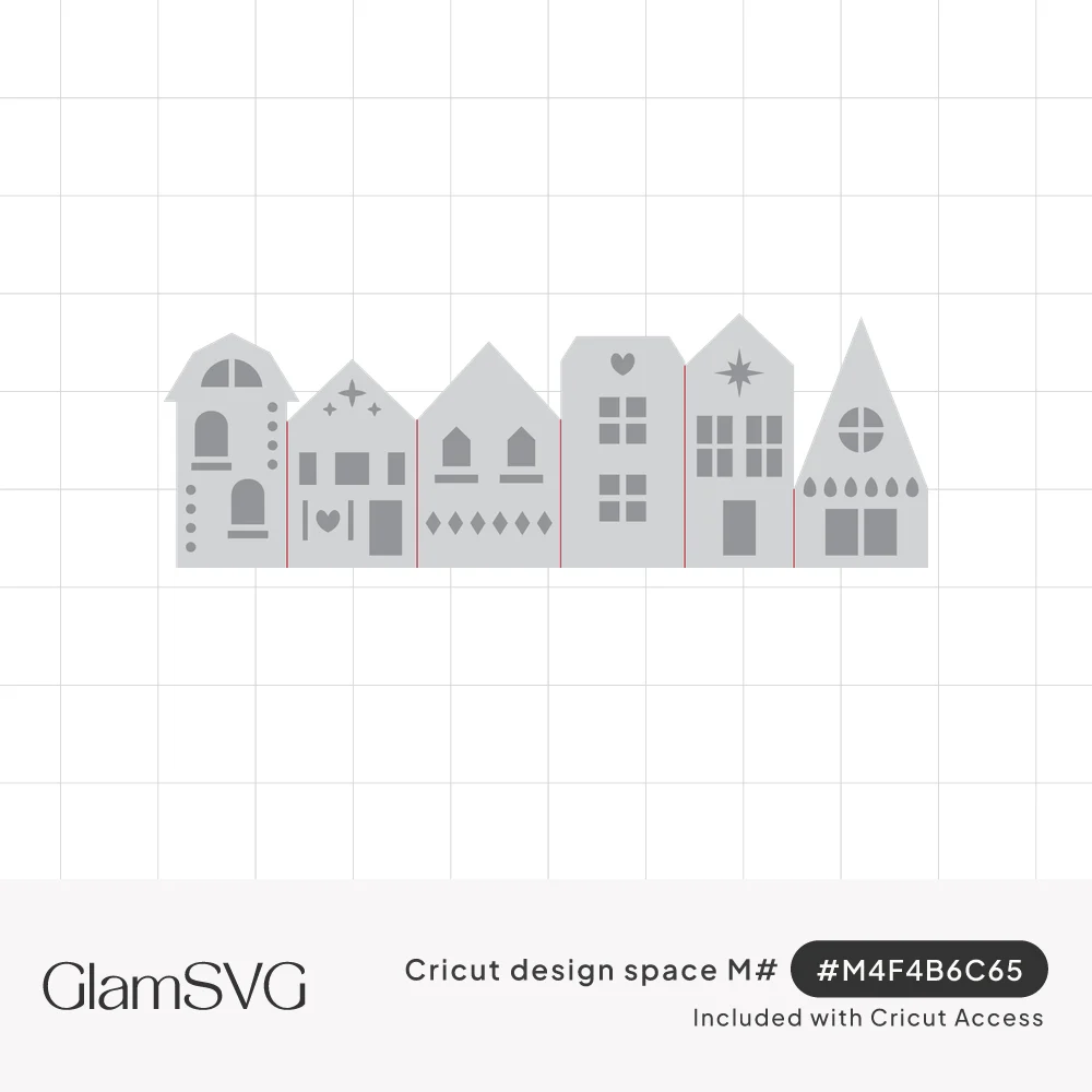 Row of six gray Christmas village house silhouettes with cutout windows, doors, a star, a heart and diamond details