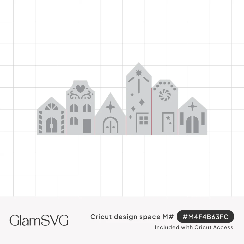 Row of six gabled Christmas village houses with cut-out windows, arched doors, stars, a heart and a peppermint swirl