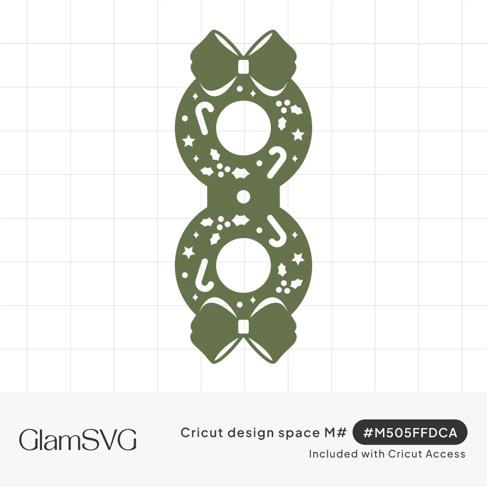 Green fold-over lollipop holder shaped like two bow-topped Christmas wreaths with candy cane, holly and star cutouts