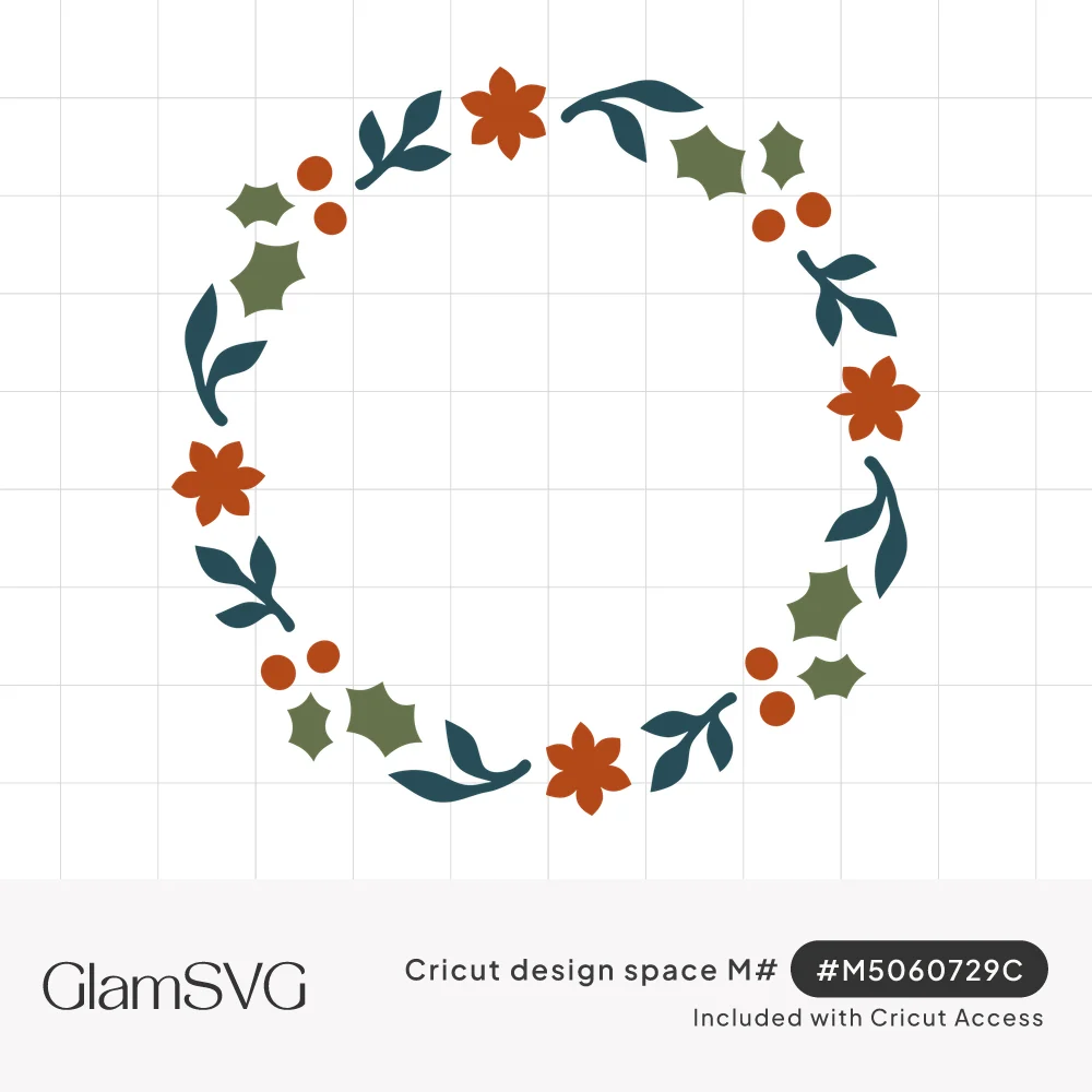 Circular Christmas wreath of rust-red poinsettias, green holly leaves, teal leafy sprigs and red berries with an empty center