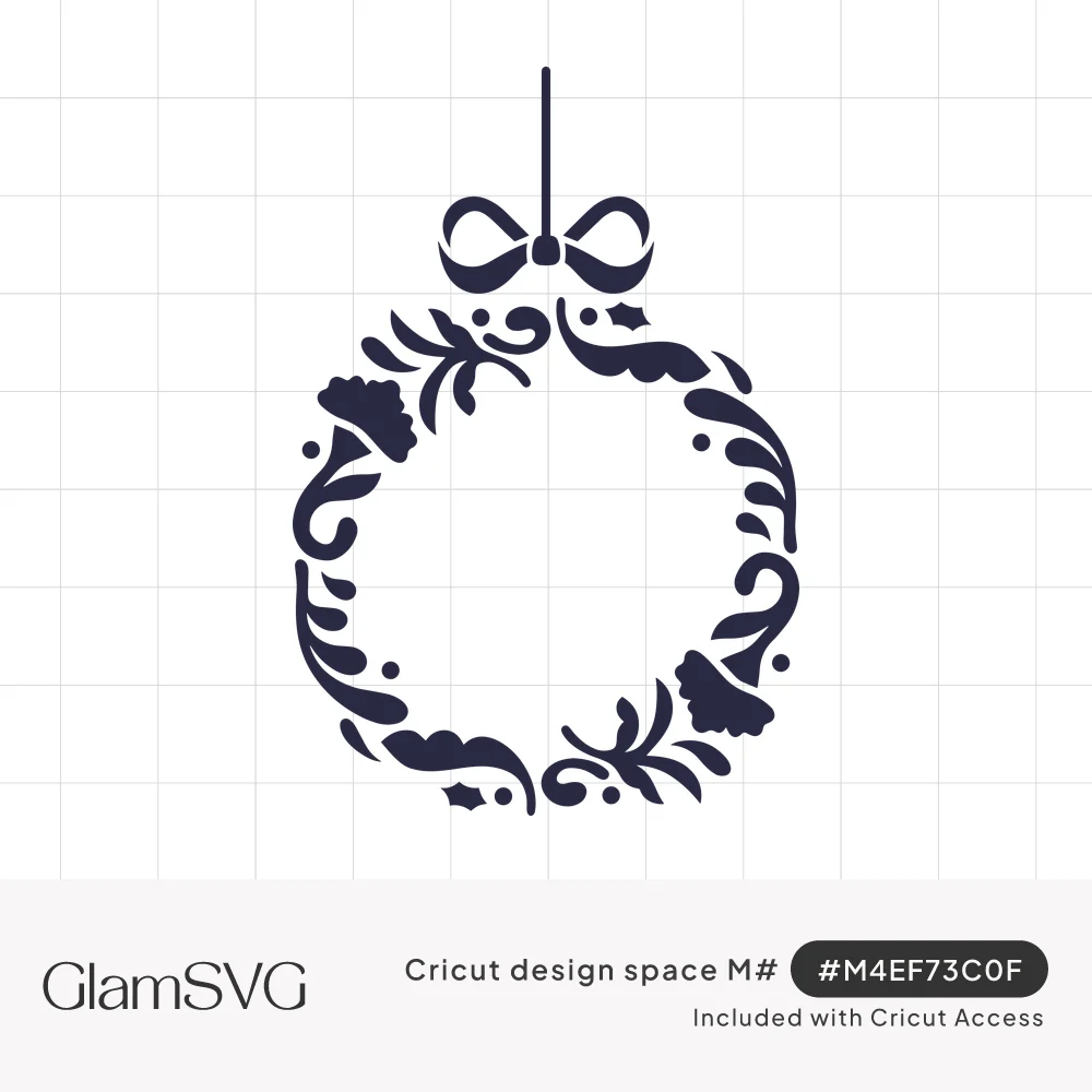 Navy silhouette of a round flourished Christmas wreath with holly leaves hanging from a ribbon and bow