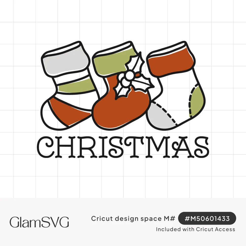 Three hand-drawn Christmas stockings in rust, sage green and gray, one with holly, above the word CHRISTMAS