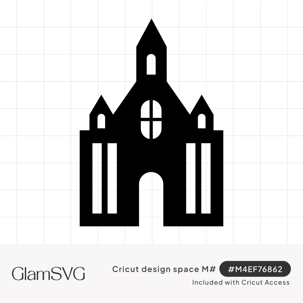 Black silhouette of a church with a central steeple, two side spires, arched windows and an arched front door