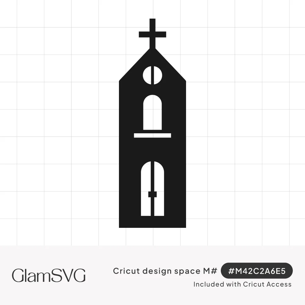 Black silhouette of a tall church steeple topped with a cross, with a round window, arched window and arched double doors