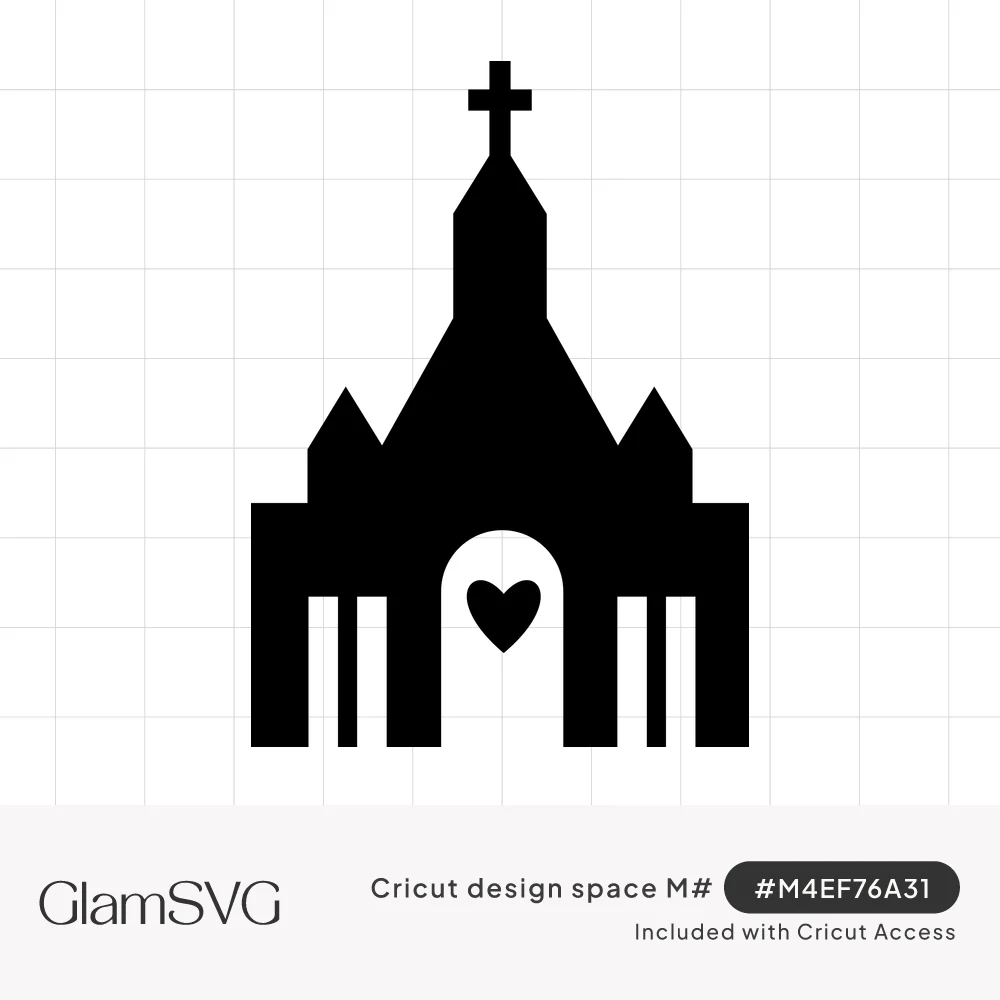 Black church silhouette with a cross on the steeple and a white heart in the arched front doorway