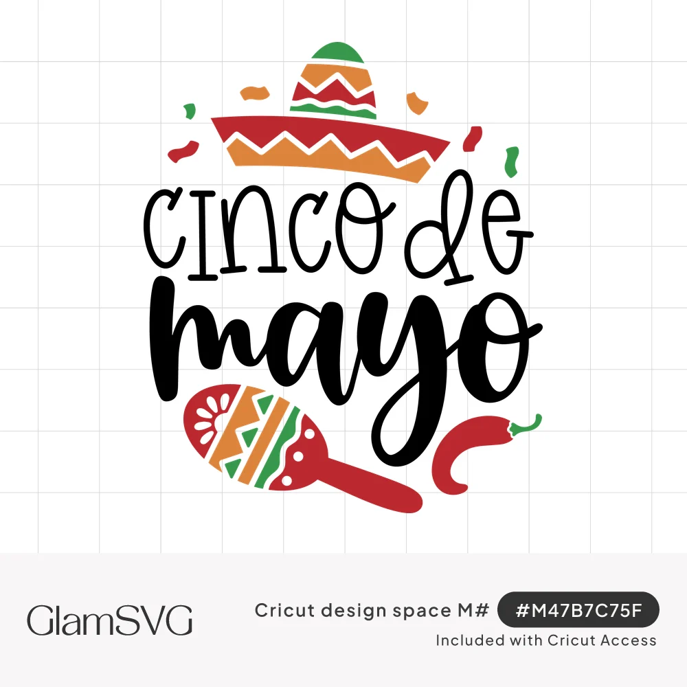 Cinco de Mayo lettering with a red, orange and green sombrero, patterned maraca, chili pepper and confetti