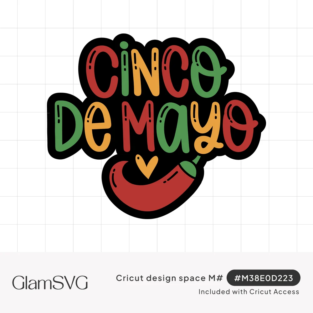 Colorful hand-lettered Cinco de Mayo in red, green and yellow above a red chili pepper with a small heart, black outline