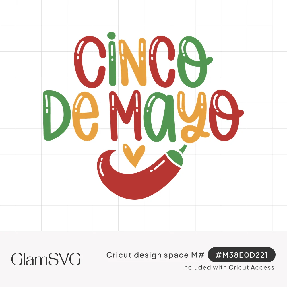 Cinco de Mayo in bold red, green and yellow hand lettering with a small heart and a red chili pepper below