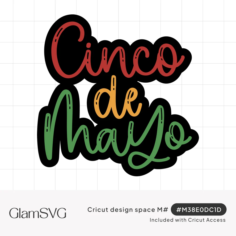 Cinco de Mayo in red, yellow and green brush script lettering with white highlights inside a thick black outline