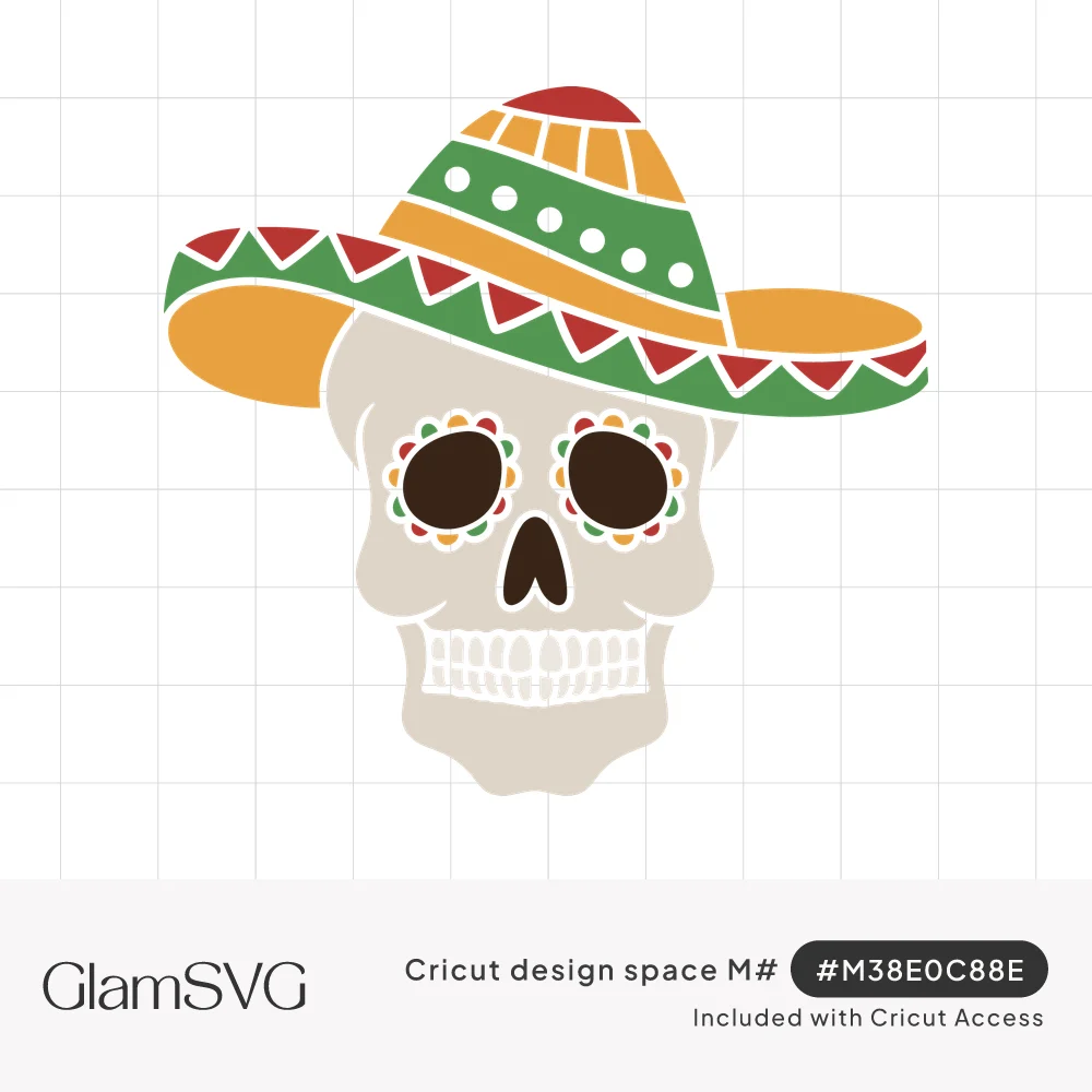 Cream sugar skull with flower-rimmed eyes wearing a green, gold and red sombrero with zigzag trim and white dots