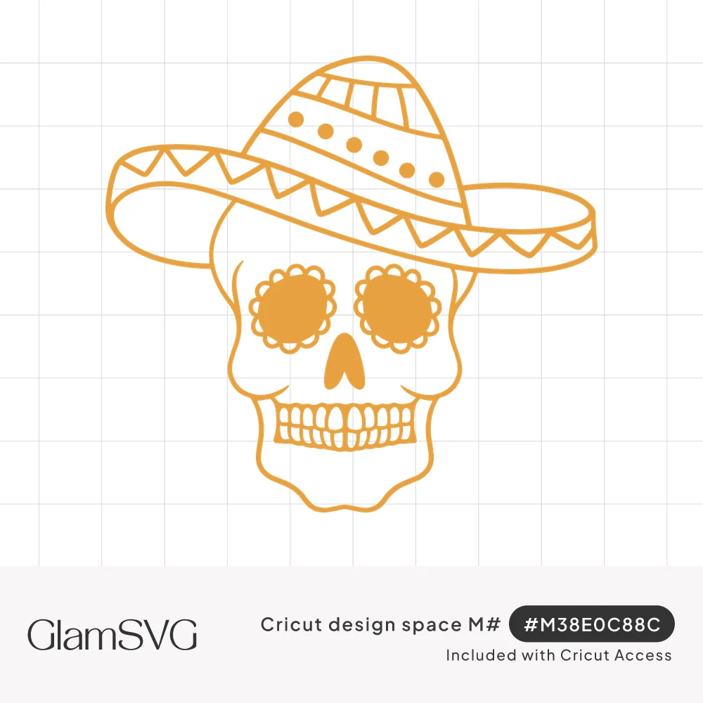 Golden line art sugar skull wearing a sombrero with zigzag and dot trim and scalloped flower-shaped eyes