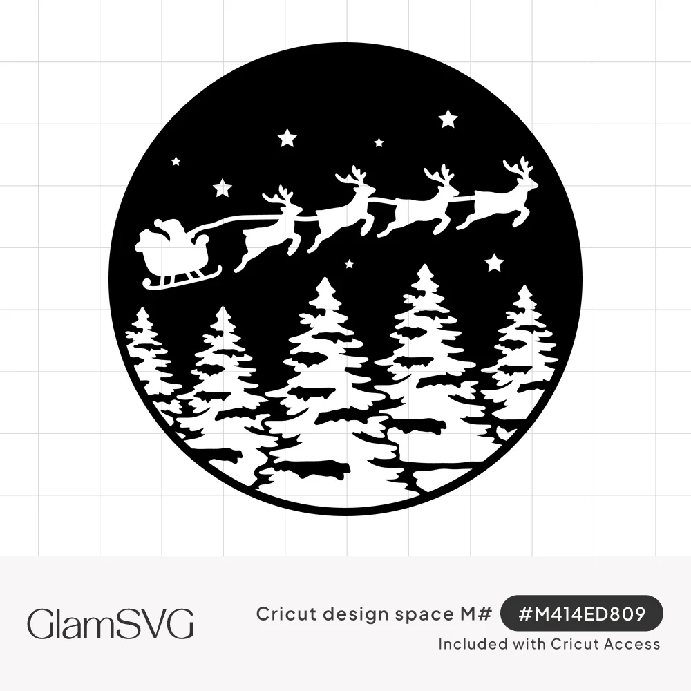 Circular silhouette of Santa's sleigh and reindeer flying over snowy pine trees under a starry night sky