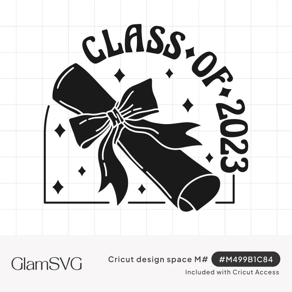 Black graduation design of a rolled diploma tied with a bow, sparkles, and curved Class of 2023 lettering in an arch