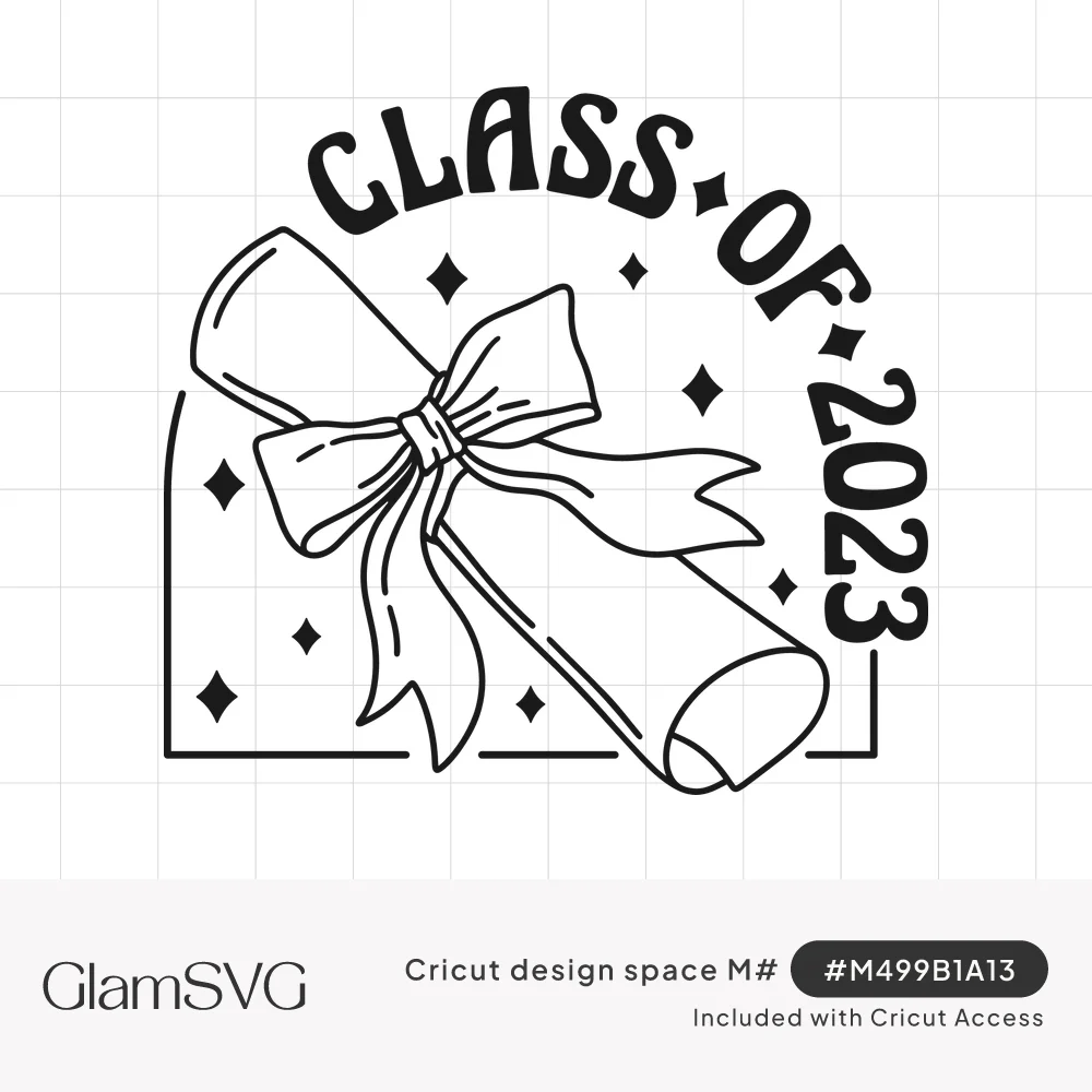 Black line art of a rolled diploma tied with a bow, sparkles, and arched Class of 2023 lettering