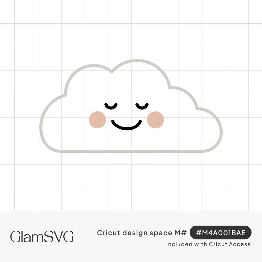 Puffy white cloud outlined in gray with closed smiling eyes, a happy grin and rosy pink cheeks